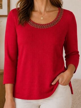 Ruby Rd Red Embellished Neckline Sweater Size Small 3/4 Sleeve Knit Top